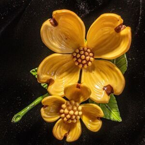 Mid Century Vintage Celluloid Yellow Dogwood Brooch Pin